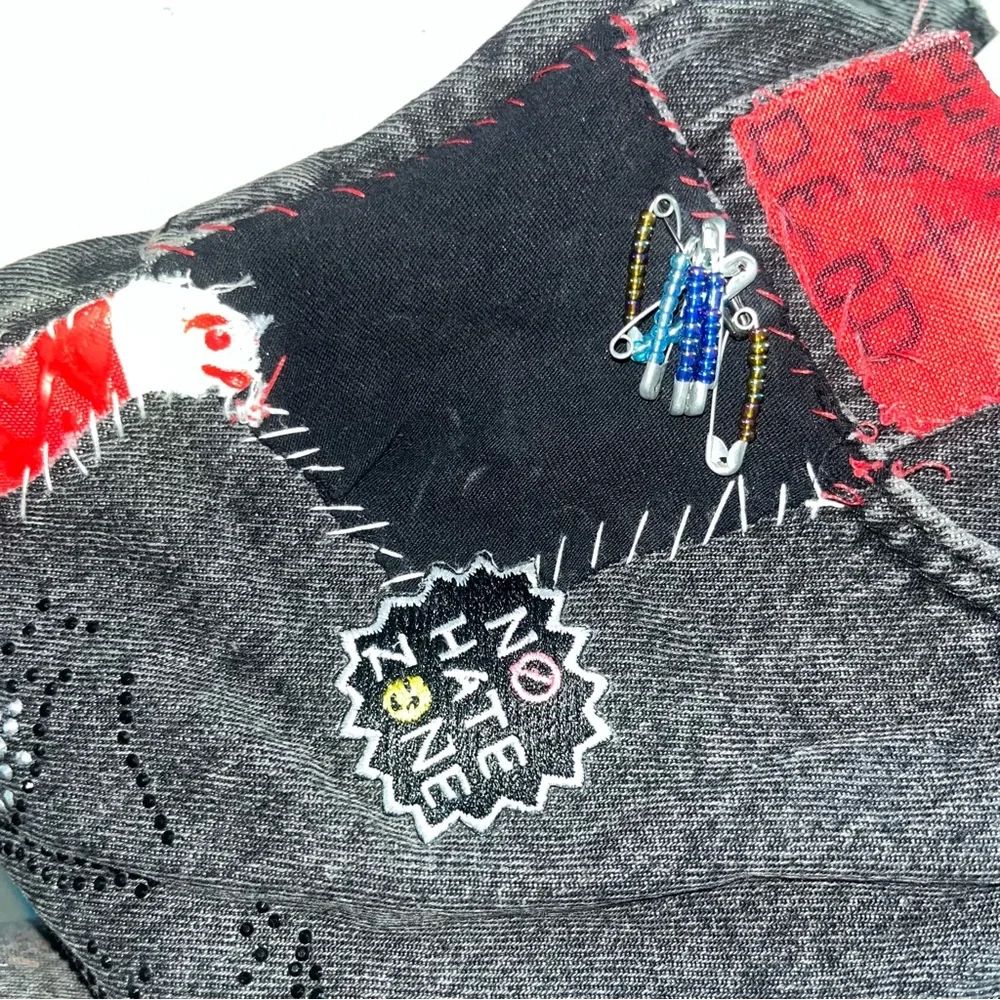 Punk’s Not Dead Grunge Jeans with Chains Embellished Patches Handmade Crust Goth - Picture 5 of 12